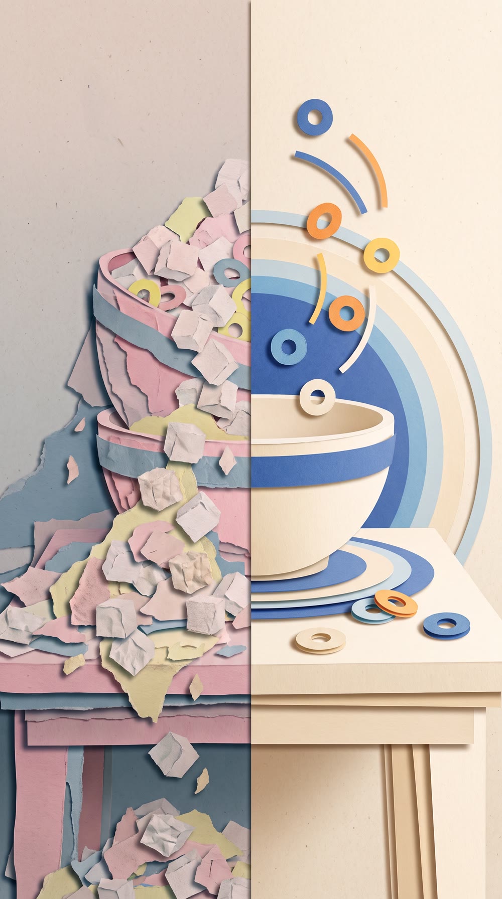Paper-collage split frame: a bowl buried in paper sugar cubes on the left, a clean bowl ringed with paper halos on the right