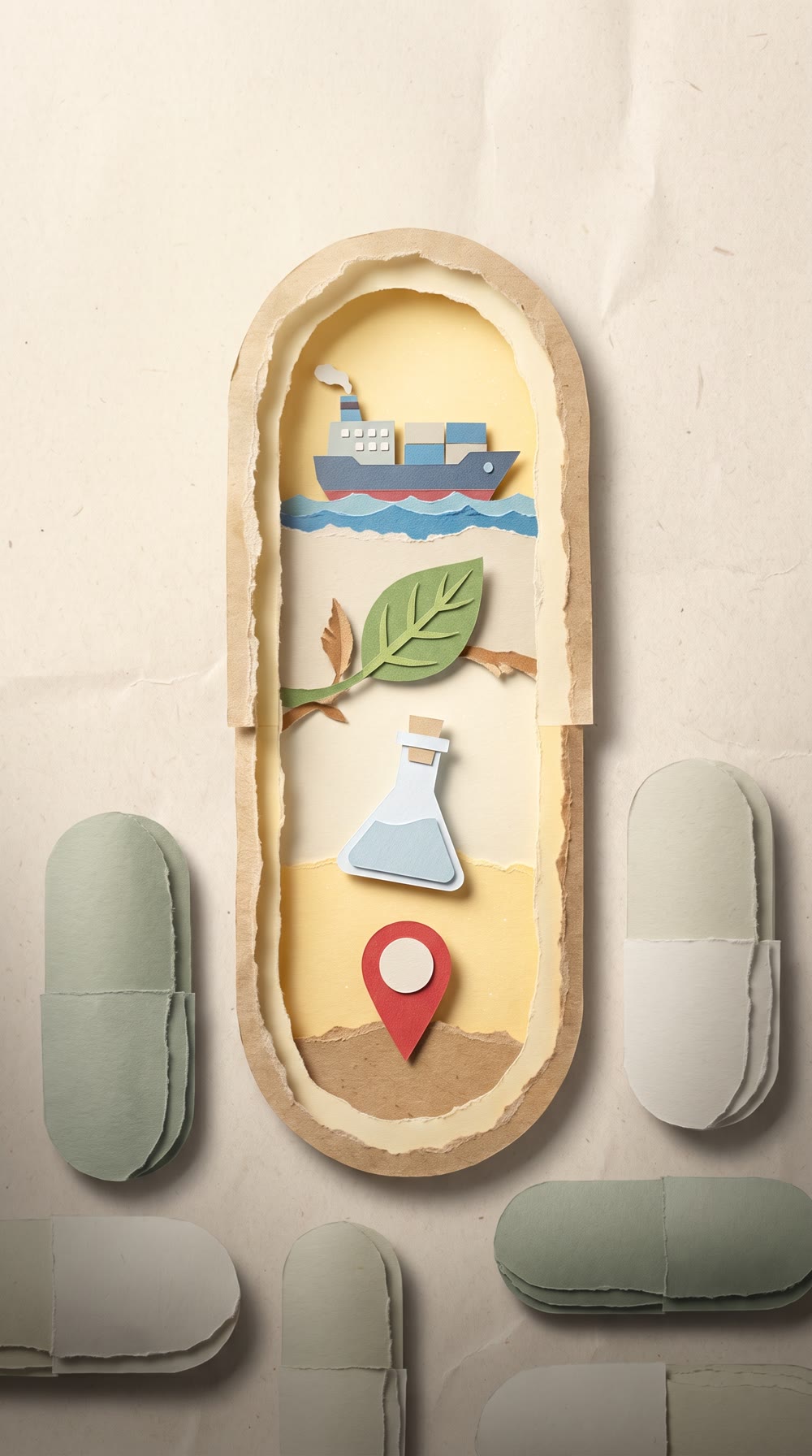 Paper-collage of an open capsule holding a tiny supply chain: a cargo ship, a leaf, a flask and a map pin, with closed capsules in shadow around it