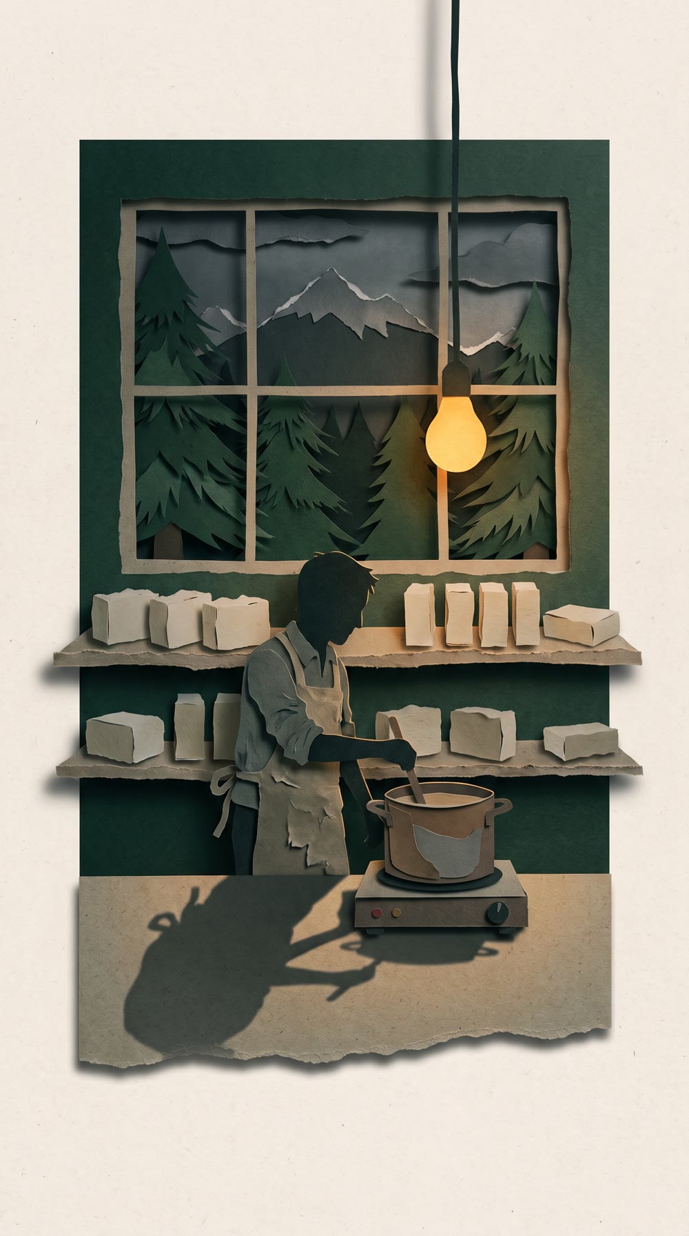 Paper-collage of a night garage workshop, a figure stirring a pot, rough soap bars curing on shelves, pines through the window